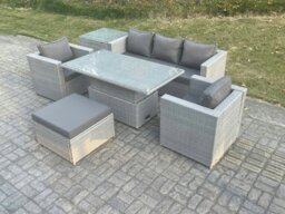 Rackhams Rattan Garden Funiture Set Adjustable Rising Lifting Table Sofa Dining Set With 2 Arm Chair Side Table Big Footstool - thumbnail 3