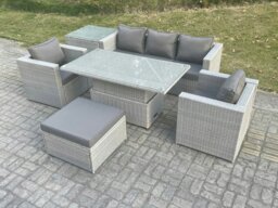 Rackhams Rattan Garden Funiture Set Adjustable Rising Lifting Table Sofa Dining Set With 2 Arm Chair Side Table Big Footstool - thumbnail 1