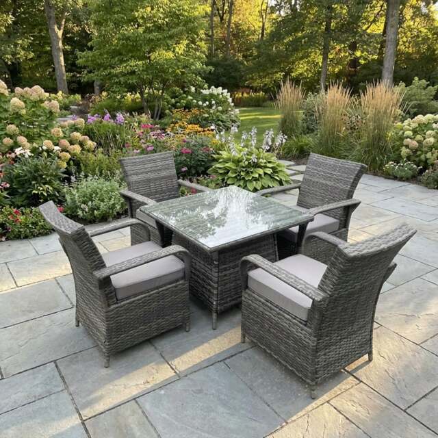 Rackhams 4 Seater Rattan Garden Furniture Set with Dining Table & 4 Chairs - Dark Grey - image 1