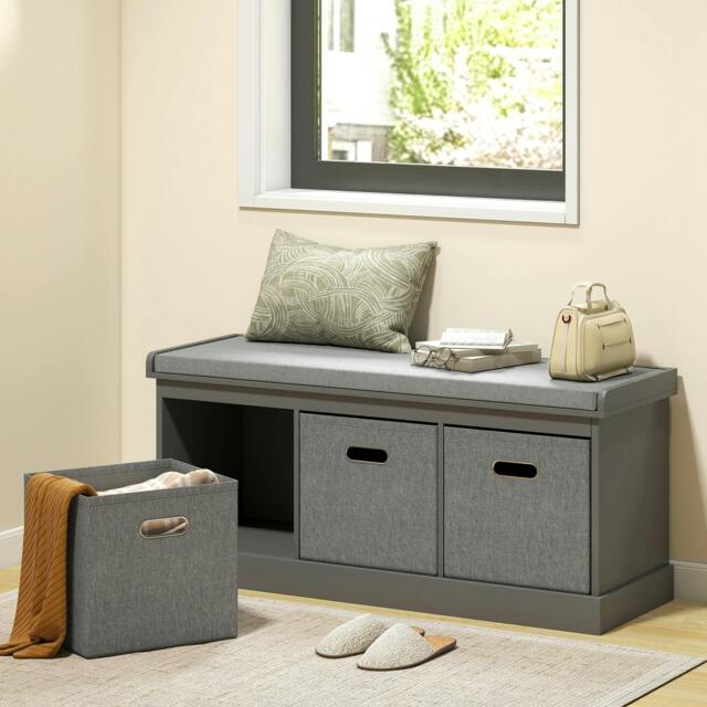 Rackhams Shoe Bench with Seat, Shoe Storage Bench with Fabric Drawers, Grey - Grey - image 1