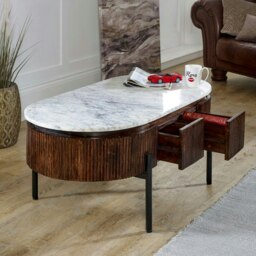 Rackhams Miel Mango Wood Rectangular Fluted Coffee Table With Marble Top and Metal Legs - thumbnail 4