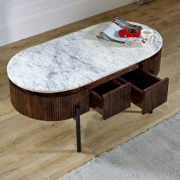 Rackhams Miel Mango Wood Rectangular Fluted Coffee Table With Marble Top and Metal Legs - thumbnail 5