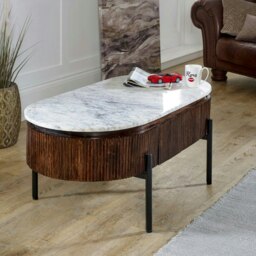 Rackhams Miel Mango Wood Rectangular Fluted Coffee Table With Marble Top and Metal Legs - thumbnail 3