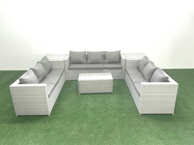 Rackhams Rattan Garden Outdoor Furniture Set 9 Seater Garden Sofa Coffee Table Set with 2 Side Tables Light Grey Mixed - image 1