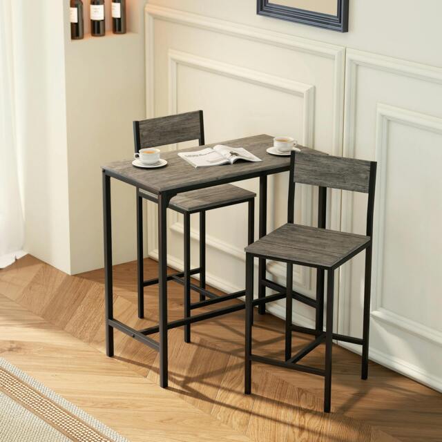 Rackhams Bar Table and Stools Set, Kitchen Table and 2 Chairs with Backrest, Footrest - Charcoal grey, black - image 1