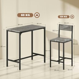 Rackhams Bar Table and Stools Set, Kitchen Table and 2 Chairs with Backrest, Footrest - Charcoal grey - thumbnail 3