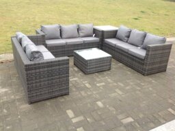 Rackhams 9 Seater U Shape Rattan Garden Furniture Set Patio Outdoor Lounge Sofa With Footstool Dark Grey Mixed - thumbnail 1