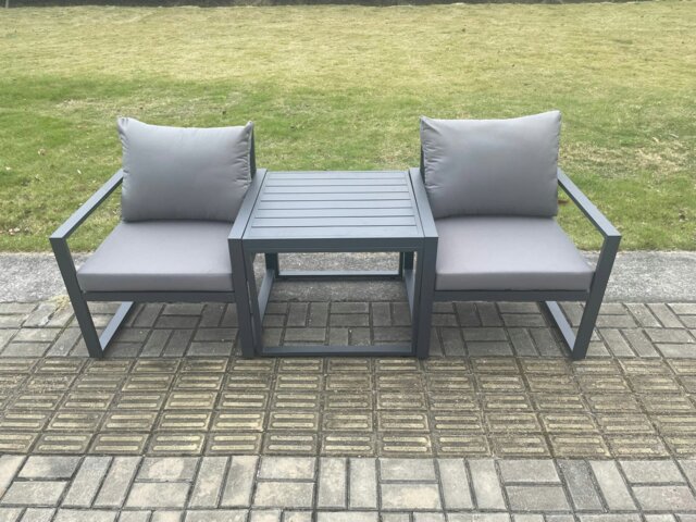 Rackhams Aluminium 3 Pieces Garden Furniture Set Chair with Table Including Cushions Dark Grey - image 1