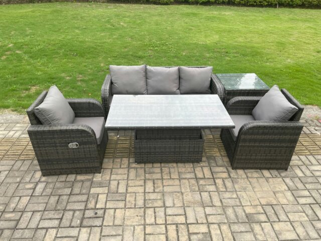 Rackhams Wicker PE Rattan Outdoor Garden Furniture Set Height Adjustable Rising lifting Dining Table With Armchair Side Table - image 1