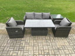 Rackhams Wicker PE Rattan Outdoor Garden Furniture Set Height Adjustable Rising lifting Dining Table With Armchair Side Table - thumbnail 2