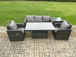 Rackhams Wicker PE Rattan Outdoor Garden Furniture Set Height Adjustable Rising lifting Dining Table With Armchair Side Table - thumbnail 1