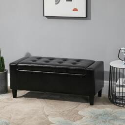 Rackhams PU Leather Storage Ottoman Bench Wood Frame w/ Tufting Feet - Black - Sponge,PU Leather,Poplar,Rubber Wood - 92cm x 40cm x 40cm