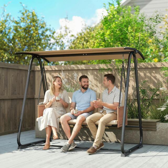 Rackhams 3 Seater Garden Swing Chair with Adjustable Canopy - Sand Brown - Sand brown - 1 - Garden Swing Seat - image 1