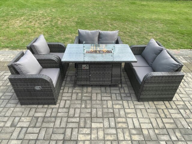 Rackhams Rattan Outdoor Garden Furniture Sofa Set Gas Fire Pit Dining Table Gas Heater with Love Sofa Recling Chair 6 Seater Dark Grey Mixed - image 1