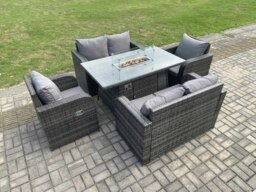 Rackhams Rattan Outdoor Garden Furniture Sofa Set Gas Fire Pit Dining Table Gas Heater with Love Sofa Recling Chair 6 Seater Dark Grey Mixed - thumbnail 2