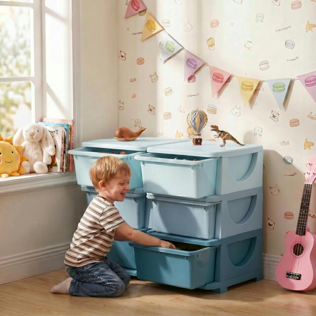 Rackhams Kids Storage Unit Toy Box Vertical Dresser with Six Drawers - Blue - image 1