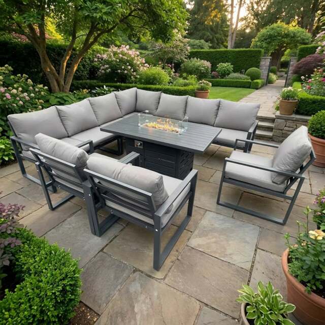 Rackhams 10 Seater Aluminium Garden Furniture Set with Corner Sofa, 3 Chairs, Gas Fire Pit Dining Table - Dark Grey - image 1