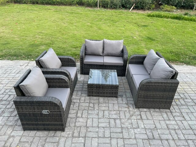 Rackhams 6 Seater Rattan Sofa Set Outdoor Garden Furniture Set with Square Coffee Table Loveseat Sofa Reclining Chairs Dark Grey Mixed - image 1