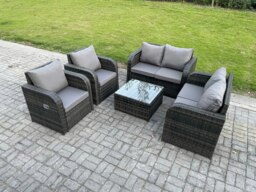 Rackhams 6 Seater Rattan Sofa Set Outdoor Garden Furniture Set with Square Coffee Table Loveseat Sofa Reclining Chairs Dark Grey Mixed - thumbnail 2