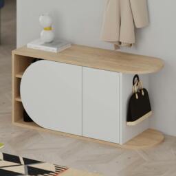 Rackhams Nova Shoe Bench Storage Oak, White Engineered Wood 2-Door Oval Cut Edge 104(W)cm with Metal Hook Organiser Hallway - Oak-White - thumbnail 3
