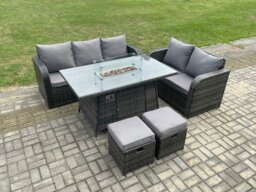 Rackhams PE Wicker Outdoor Rattan Garden Furniture Set Propane Gas Fire Pit Table and Sofa set with 2 Small Footstools - thumbnail 1