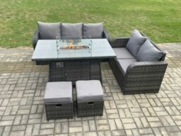 Rackhams PE Wicker Outdoor Rattan Garden Furniture Set Propane Gas Fire Pit Table and Sofa set with 2 Small Footstools - thumbnail 2