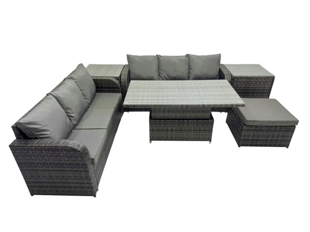 Rackhams Rattan Garden Furniture Dining Set 7 seater Patio Height Adjustable Rising Lifting Table Sofa Set with 2 Side Table Dark Grey Mixed - image 1
