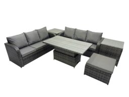 Rackhams Rattan Garden Furniture Dining Set 7 seater Patio Height Adjustable Rising Lifting Table Sofa Set with 2 Side Table Dark Grey Mixed - thumbnail 2