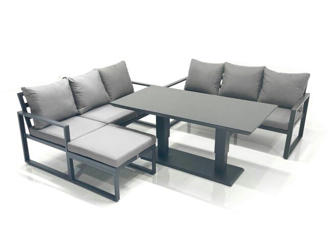 Rackhams 7 Seater Aluminium Outdoor Garden Furniture Set with Adjustable Rising Lifting Dining Table 3 Seater Sofa Big Footstool Dark Grey - image 1