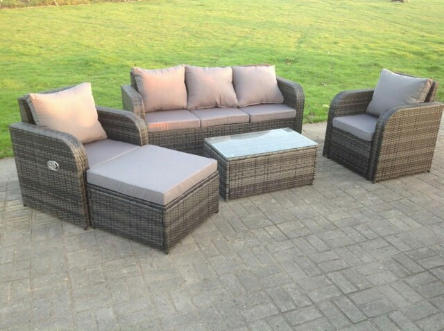 Rackhams Dark Grey Mix PE Wicker Rattan Garden Furniture Set Sofa Set Reclining Adjustable Chair 6 Seater Oblong Coffee Table - image 1