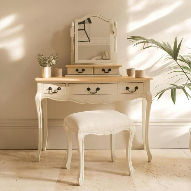 Rackhams Juliette Dressing Table Set with Trinket Mirror. French Table Mirror with Storage and Stool - Champagne, Cream - image 1