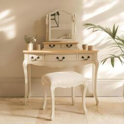 Rackhams Juliette Dressing Table Set with Trinket Mirror. French Table Mirror with Storage and Stool - Champagne, Cream
