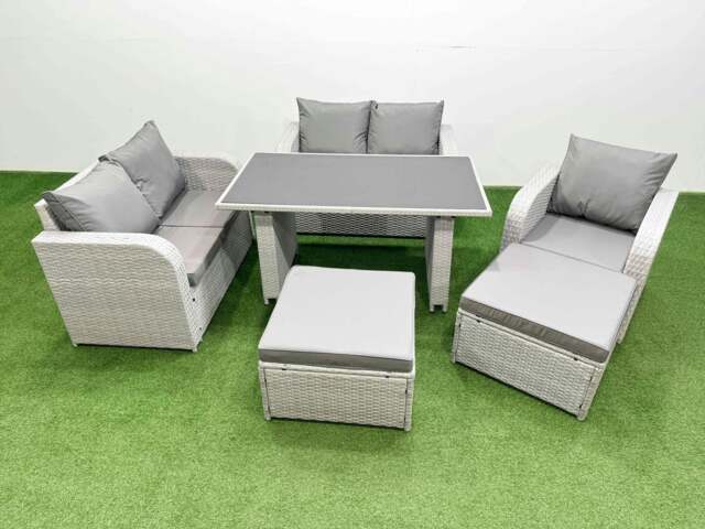 Rackhams Rattan Sofa Outdoor Furniture with Dining Table,Love Sofa,2 Big Stools Patio Furniture Light Grey 7 Seater - image 1