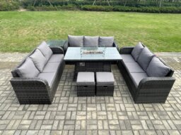 Rackhams Rattan Furniture Garden Dining Set Gas Fire Pit Table With Side Table Lounge Sofa 2 Small Footstools Dark Grey Mixed - thumbnail 2