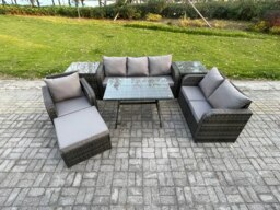 Rackhams 7 Seater Outdoor Rattan Garden Furniture Set Patio Lounge Sofa Set with Dining Table 2 Side Tables Big Footstool Dark Grey Mixed - thumbnail 1