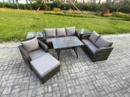 Rackhams 7 Seater Outdoor Rattan Garden Furniture Set Patio Lounge Sofa Set with Dining Table 2 Side Tables Big Footstool Dark Grey Mixed - thumbnail 2