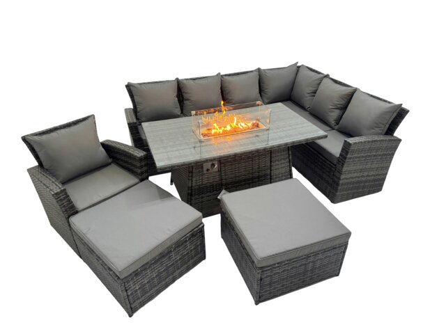 Rackhams Outdoor Furniture Garden Dining Set Rattan Corner Sofa Chair Set Gas Fire Pit Table with Temper Glass 2 Big Footstools Dark Grey Mixed - image 1