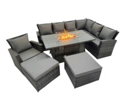 Rackhams Outdoor Furniture Garden Dining Set Rattan Corner Sofa Chair Set Gas Fire Pit Table with Temper Glass 2 Big Footstools Dark Grey Mixed - thumbnail 1