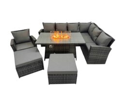 Rackhams Outdoor Furniture Garden Dining Set Rattan Corner Sofa Chair Set Gas Fire Pit Table with Temper Glass 2 Big Footstools Dark Grey Mixed - thumbnail 2