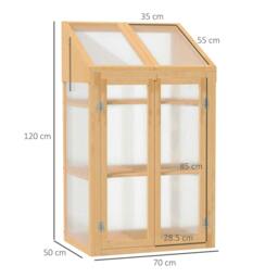 Rackhams Wooden Cold Frame Polycarbonate Greenhouse with Openable Top Cover and Double Door, Grow House for Flower, Vegetable and Plants, 70 x 50 x 120cm, Grey - thumbnail 3
