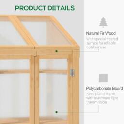 Rackhams Wooden Cold Frame Polycarbonate Greenhouse with Openable Top Cover and Double Door, Grow House for Flower, Vegetable and Plants, 70 x 50 x 120cm, Grey - thumbnail 4