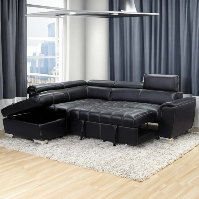 Rackhams Nevada Black Leather Corner Sofa Bed Tilting Headrest + Storage Ottoman - Left Hand Facing + Footstool - image 1