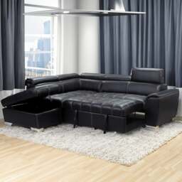 Rackhams Nevada Black Leather Corner Sofa Bed Tilting Headrest + Storage Ottoman - Left Hand Facing + Footstool