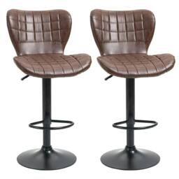 Rackhams Bar Stools Set of 2 Adjustable Height Swivel Bar Chairs in PU Leather with Backrest & Footrest, Brown - thumbnail 1