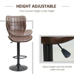 Rackhams Bar Stools Set of 2 Adjustable Height Swivel Bar Chairs in PU Leather with Backrest & Footrest, Brown - thumbnail 4