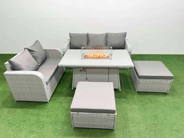 Rackhams 7 Seater PE Rattan Wicker Garden Furniture Patio Conservatory Sofa Set with Fire Pit Dining Table 3 Seater Sofa Love Sofa 2 Big Footstool - image 1