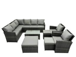 Rackhams 11 Seat Poly Rattan Outdoor Patio Coffee Table Corner Sofa Set with 3 Stools 2 Chairs for Garden Backyard Dark Grey Mixed - thumbnail 1