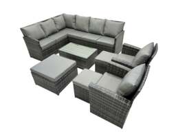 Rackhams 11 Seat Poly Rattan Outdoor Patio Coffee Table Corner Sofa Set with 3 Stools 2 Chairs for Garden Backyard Dark Grey Mixed - thumbnail 2