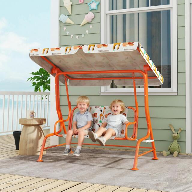 Rackhams Kids Porch Swing with Seat Belts, Adjustable Canopy, Orange - image 1