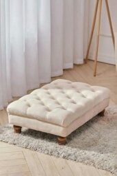 Rackhams Beige Buttoned Velvet Rectangular Ottoman Footstool with Gourd-shaped Legs - Beige - thumbnail 1
